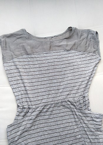 Gri Çizgili Keten Midi Elbise - Görsel 5