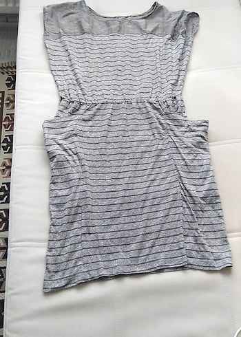 Gri Çizgili Keten Midi Elbise - Görsel 4