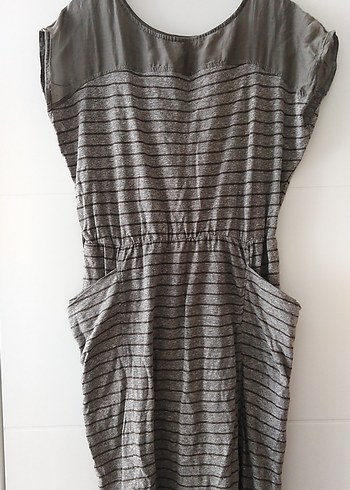 Gri Çizgili Keten Midi Elbise - Görsel 3