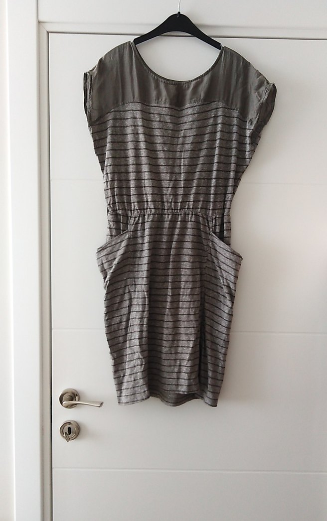 Gri Çizgili Keten Midi Elbise - Görsel 2