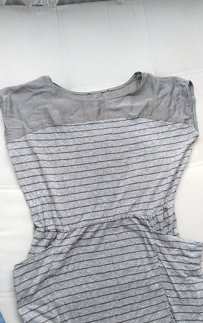 Gri Çizgili Keten Midi Elbise - Görsel 5