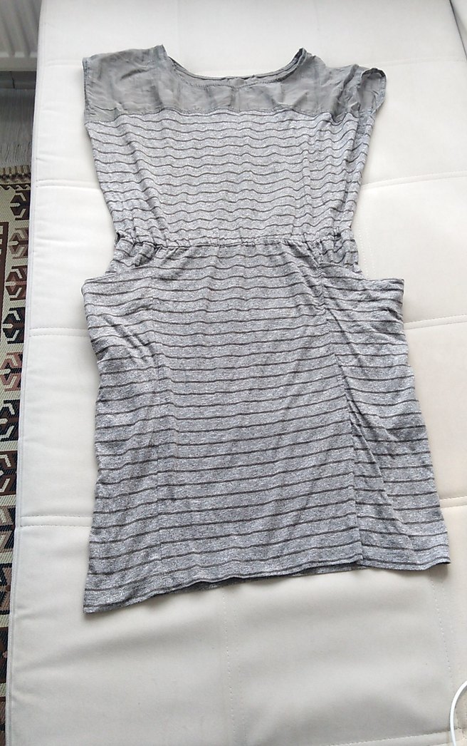 Gri Çizgili Keten Midi Elbise - Görsel 4