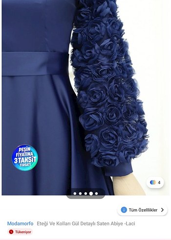 Uzun Kollu Lacivert Saten Abiye - Görsel 4