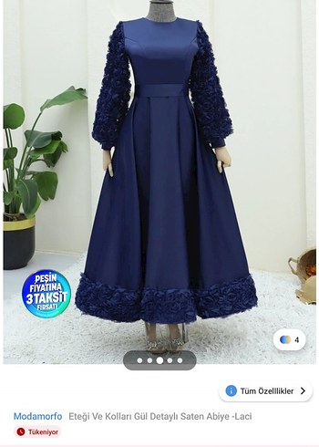 Uzun Kollu Lacivert Saten Abiye - Görsel 3