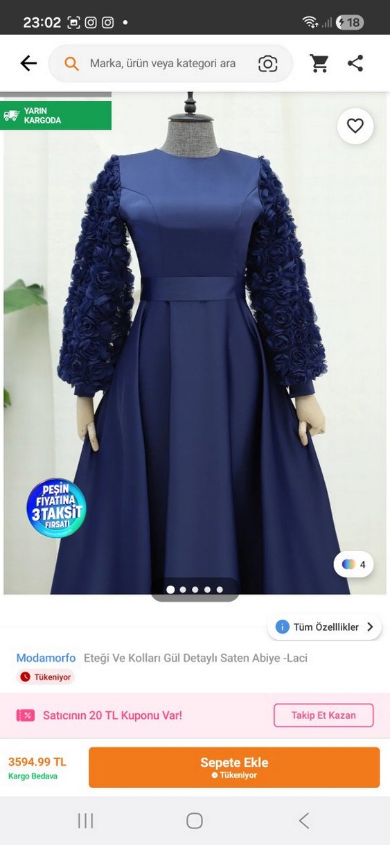 Uzun Kollu Lacivert Saten Abiye - Görsel 2