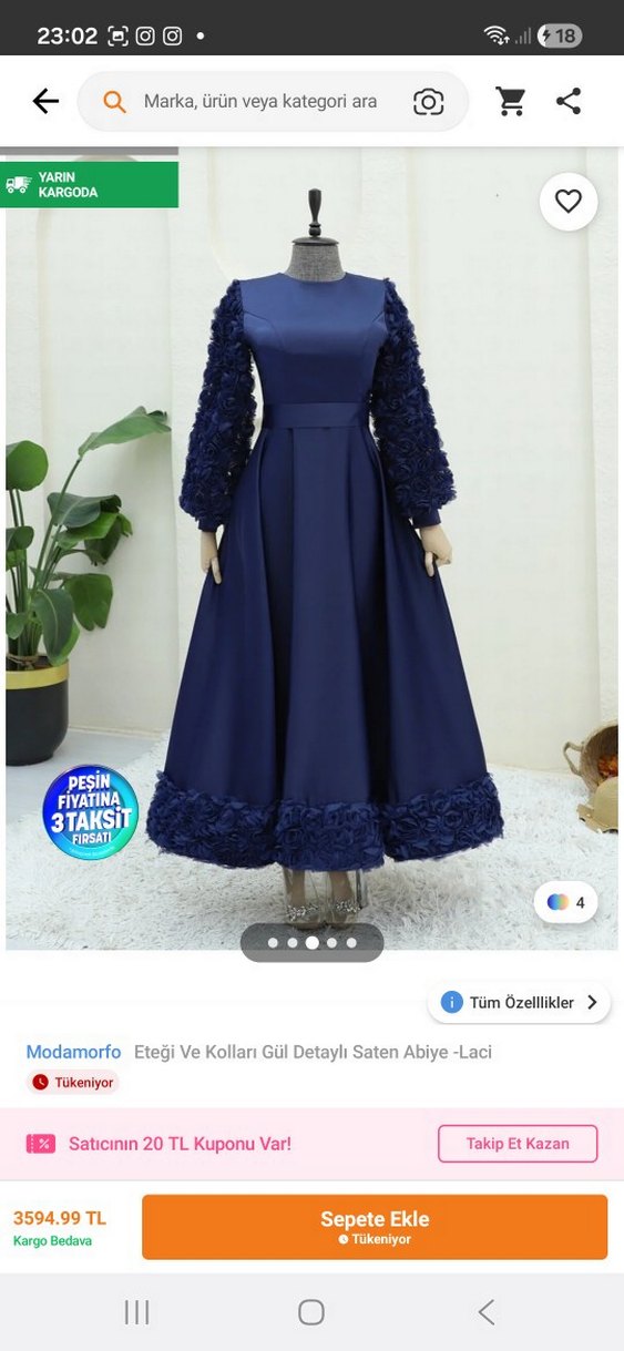 Uzun Kollu Lacivert Saten Abiye - Görsel 3