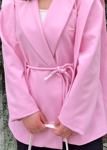 l Beden Pembe Kuşaklı Kadın Blazer Ceket