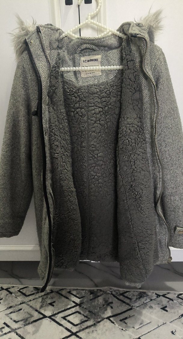 Gri Suni Kürklü Çocuk Yün Mont/Kaban - Görsel 2