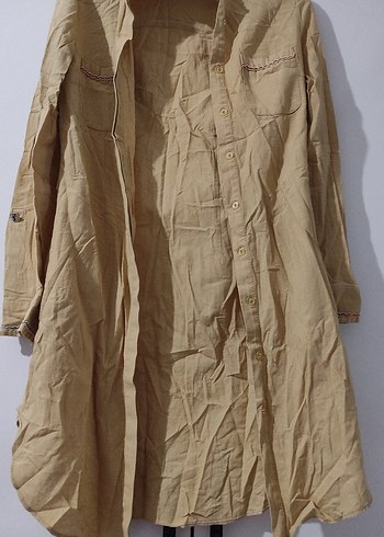 Nakışlı Bej Keten Kadın Gömlek - Görsel 3