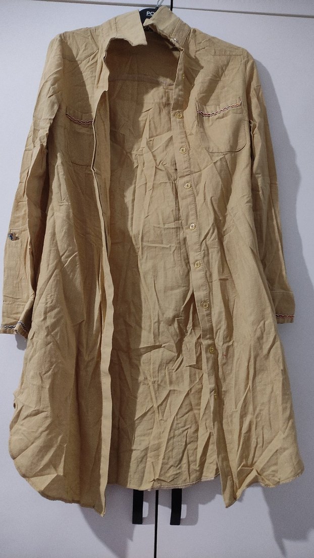 Nakışlı Bej Keten Kadın Gömlek - Görsel 3