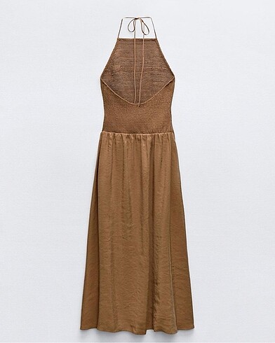 xs Beden kahverengi Renk Zara Dökümlü Halter Yaka Elbise #yeni