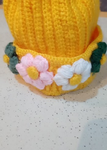 Çiçek Detaylı Sarı Örgü bebek Beresi - Görsel 2