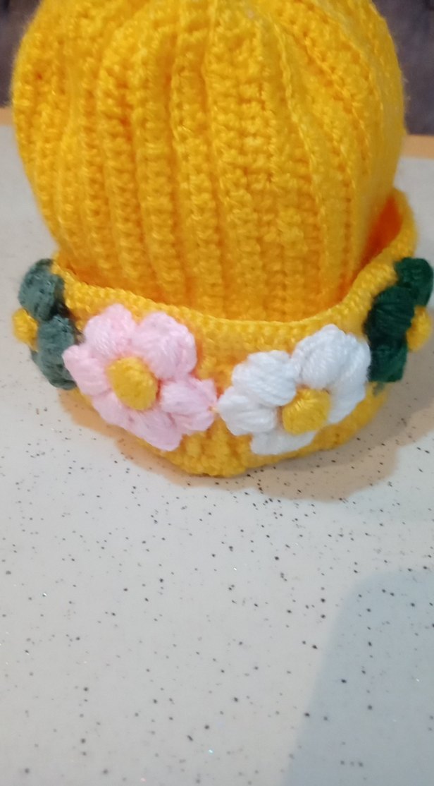 Çiçek Detaylı Sarı Örgü bebek Beresi - Görsel 2