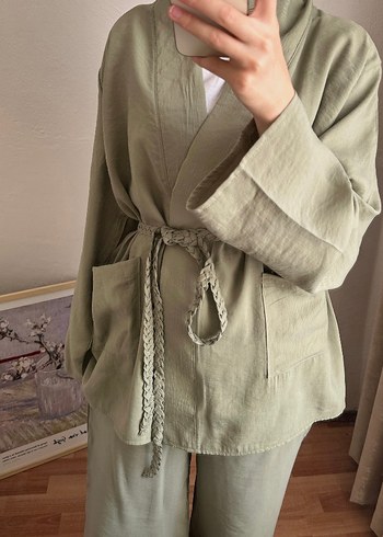 Zara Uzun Kesim Keten Kadın Kimono Takım - Haki
