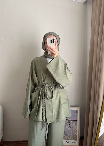 36 Beden haki Renk Uzun Kesim Keten Kadın Kimono Takım - Haki