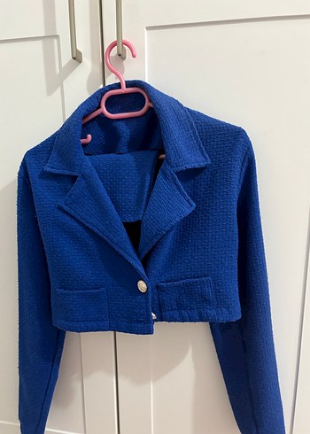 Kadın Mavi Mini Düğmeli Blazer Ceket