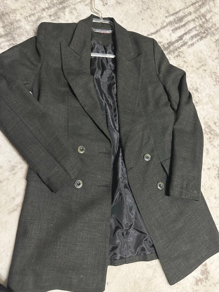 Gri Kadın Uzun Kesim Düğmeli Blazer Ceket - Görsel 4