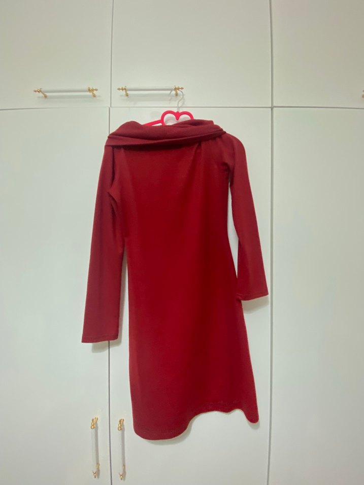 Bordo Uzun Kollu Drapeli Kadın Elbise - Görsel 3