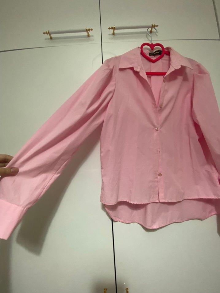 Pembe Düğmeli Uzun Kollu Kadın Gömlek - Görsel 2