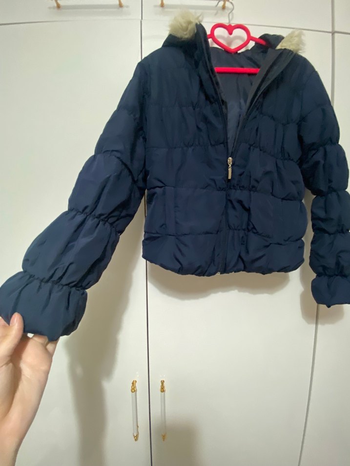 Kürklü Kapüşonlu Kısa Mavi Kadın Mont - Görsel 2