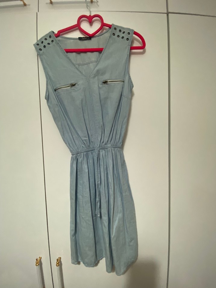 Gri V Yakalı Keten Midi Elbise - Görsel 3