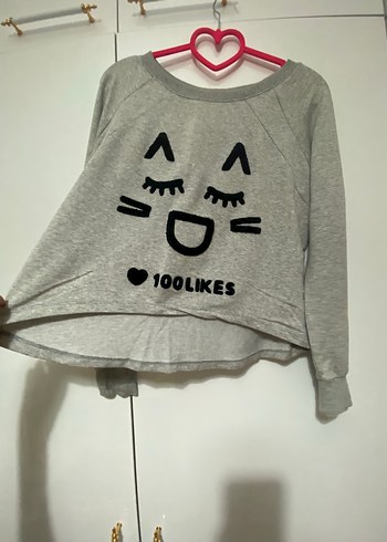 Gri Baskılı Kadın Triko Sweatshirt - Görsel 2