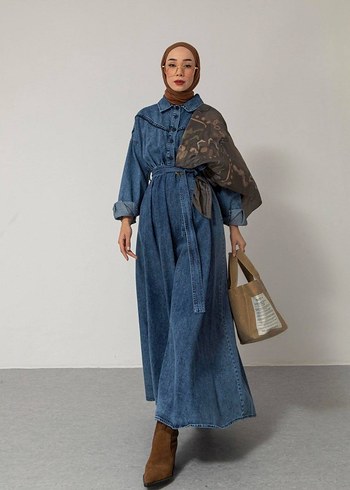 Kemerli Uzun Denim Elbise