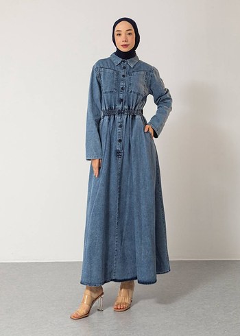 Diğer Tesettür Giyim. Belden lastikli Denim Elbise