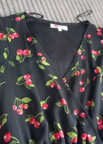 Kırmızı Kiraz Desenli  Bohem Elbise - Görsel 2