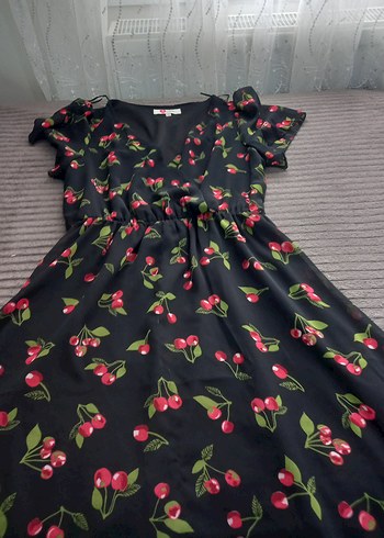 Kırmızı Kiraz Desenli  Bohem Elbise - Görsel 3