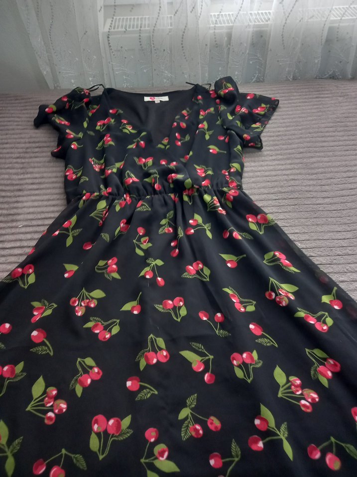 Kırmızı Kiraz Desenli  Bohem Elbise - Görsel 3