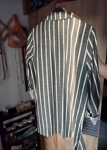 38 Beden gri Renk Gri Çizgili Keten Kadın Blazer Ceket