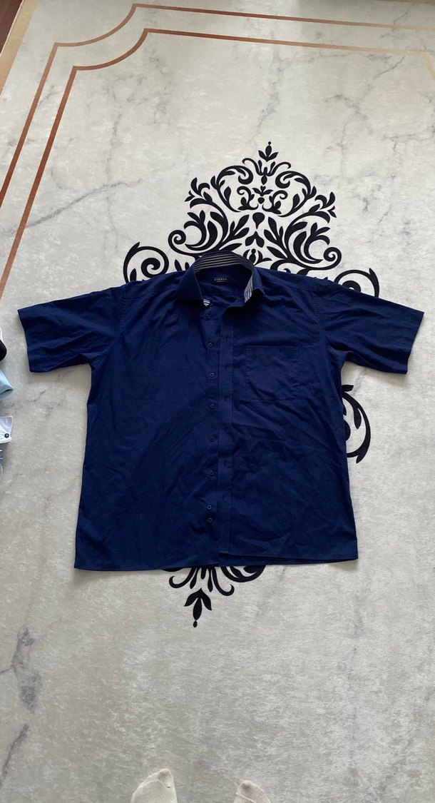 Mavi Kısa Kollu Keten Gömlek - Görsel 2