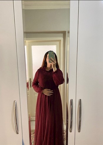 Zara Bordo Uzun Kollu Dökümlü Kadın Elbise abiye