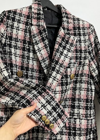Düğmeli Pembe Ekose Midi Blazer - Görsel 2