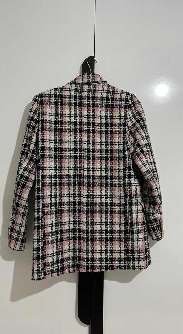 Düğmeli Pembe Ekose Midi Blazer - Görsel 3