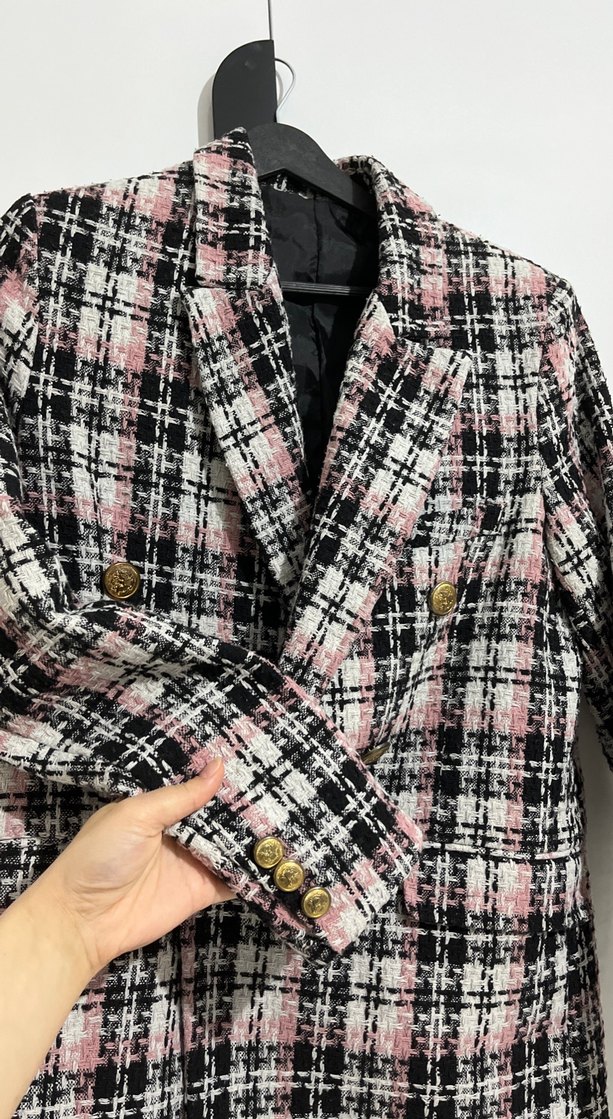 Düğmeli Pembe Ekose Midi Blazer - Görsel 2