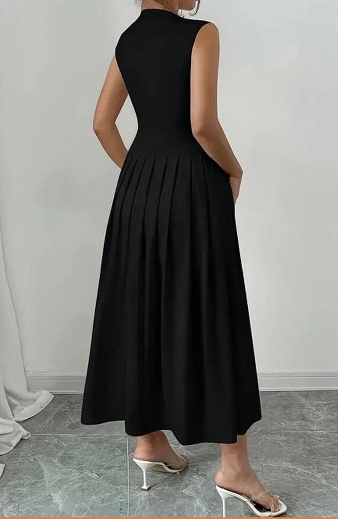 Siyah Pileli Uzun Kolsuz Elbise - Görsel 2