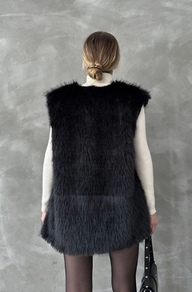 Siyah Kürk Kadın Yelek - Görsel 2