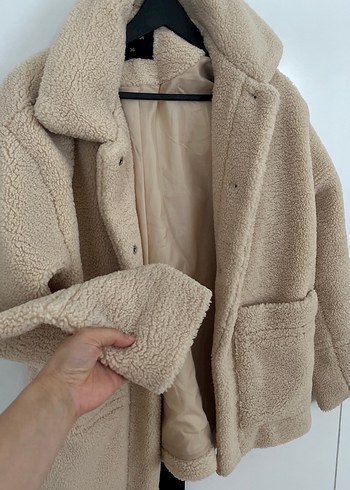 Bej Peluş Midi Kadın Kaban - Görsel 3