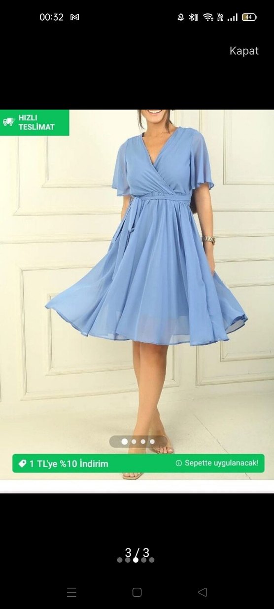 Mavi V Yaka Kısa Kollu Mini Elbise - Görsel 3