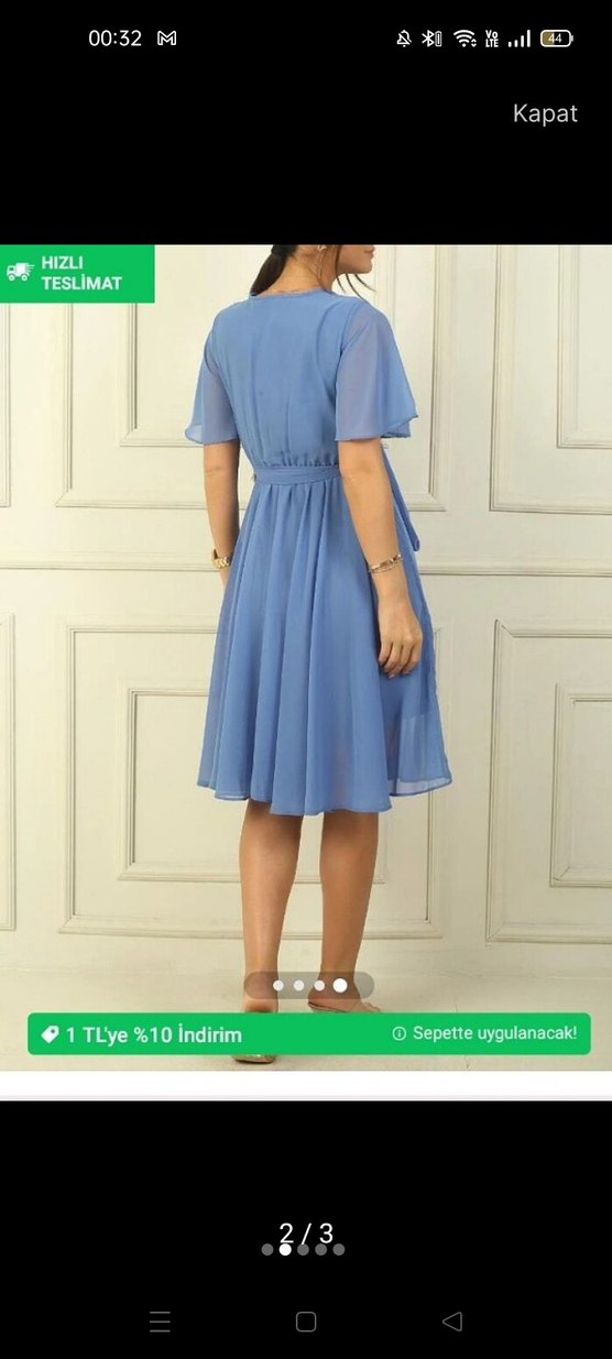 Mavi V Yaka Kısa Kollu Mini Elbise - Görsel 2