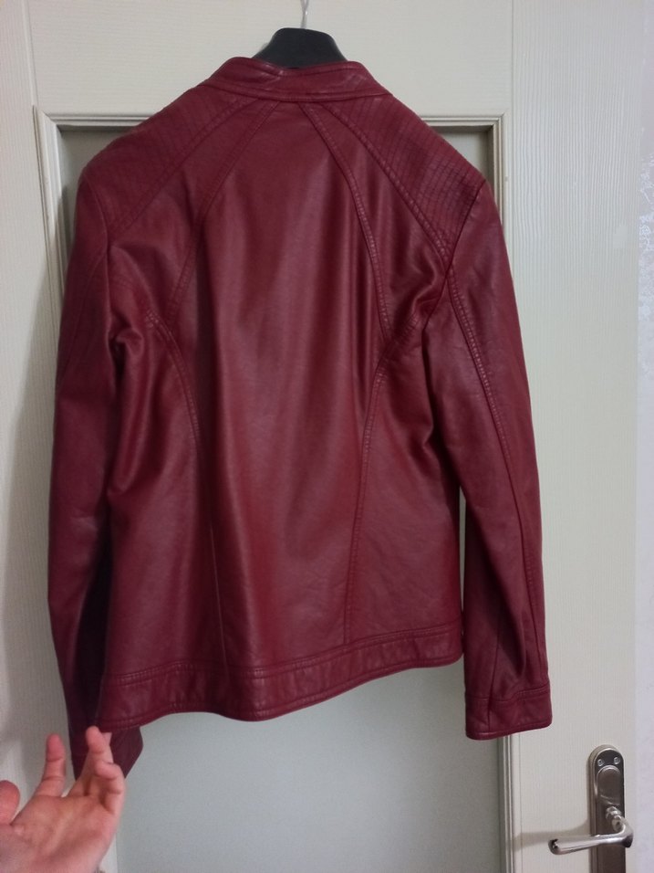 Bordo Kadın Deri Fermuarlı Biker Ceket - Görsel 2