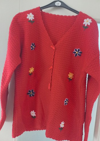 Nakışlı Kırmızı El Örgü Kadın Hırka - Görsel 2