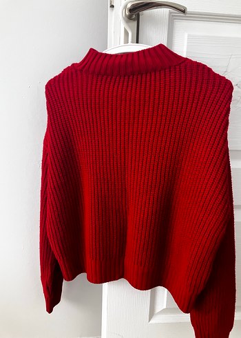 Kırmızı Yüksek Yakalı Örgü Kadın Kazak - Görsel 2