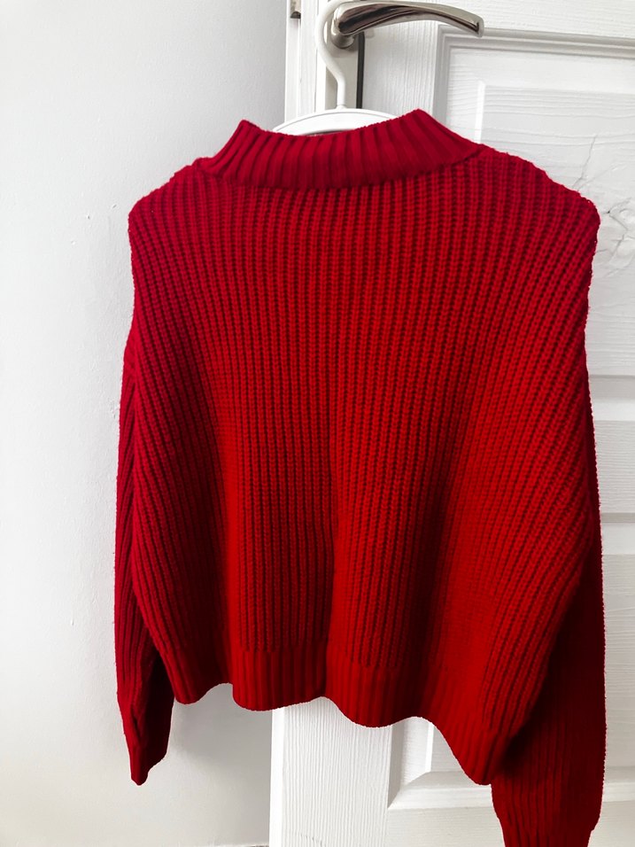 Kırmızı Yüksek Yakalı Örgü Kadın Kazak - Görsel 2