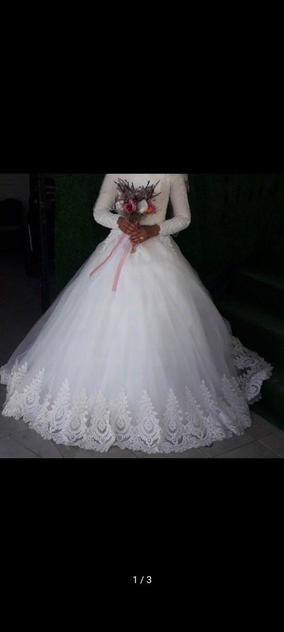 Uzun Kollu Vintage A Kesim Beyaz Gelinlik tesettür gelinlik - Görsel 3