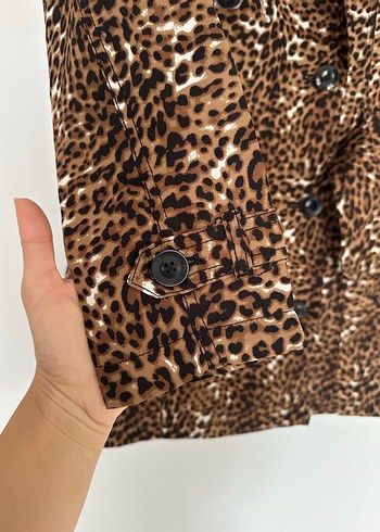 38 Beden kahverengi Renk Düğmeli, Leopar Desenli Kahverengi Midi Kadın Kaban