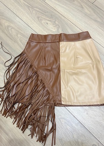 Püsküllü Kahverengi Deri Mini Etek - Görsel 2