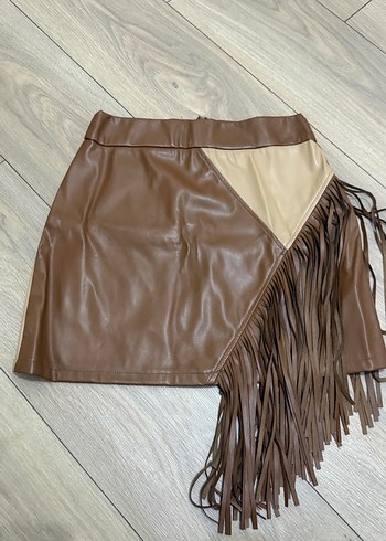 Püsküllü Kahverengi Deri Mini Etek - Görsel 3